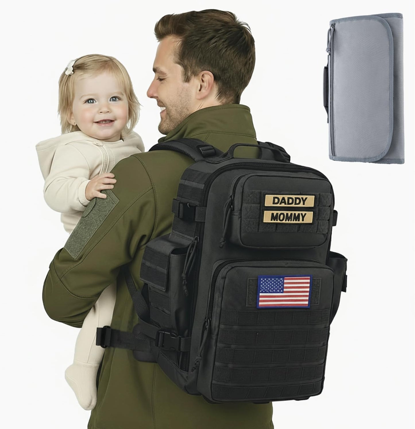 SHARKMOUTH Diaper Bag Military for Men - Large Baby Backpack with Changing Pad for Active Dad - Insulated for Outdoor Travel Camping Park Trips Black