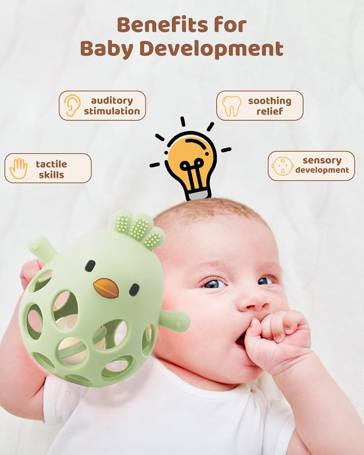 2-in-1 Baby Teething Rattle Toy, Sensory Grasping Teether for Infants 3-12 Months, 100% Food-Grade Silicone, Easy to Hold, Soothing & Developmental, BPA Free