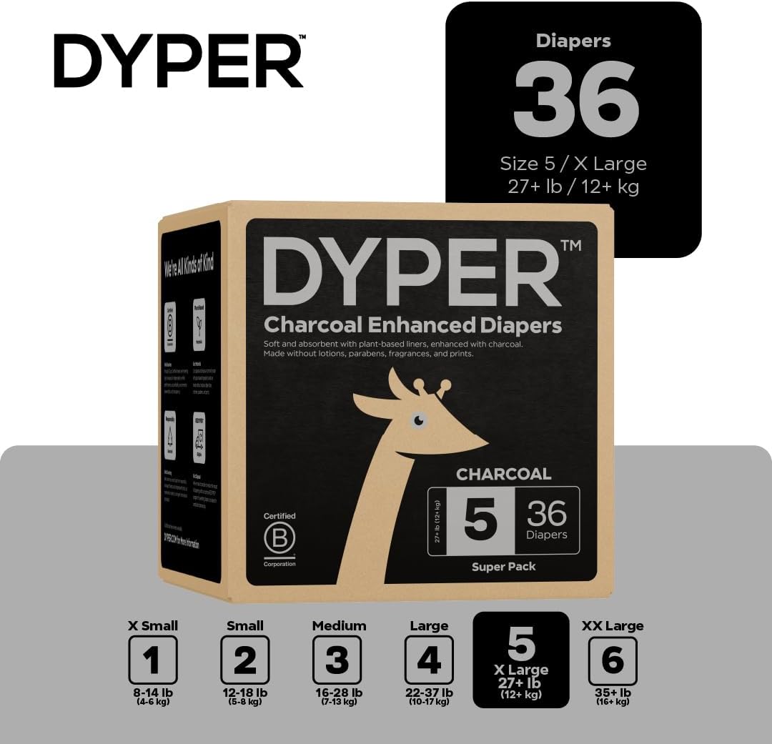 DYPER - Charcoal Enhanced Day & Overnight Disposable Baby Diapers - Made with Plant-Based* & Skin-Friendly Ingredients, Hypoallergenic for Sensitive Skin - Size 5, (36 Count)