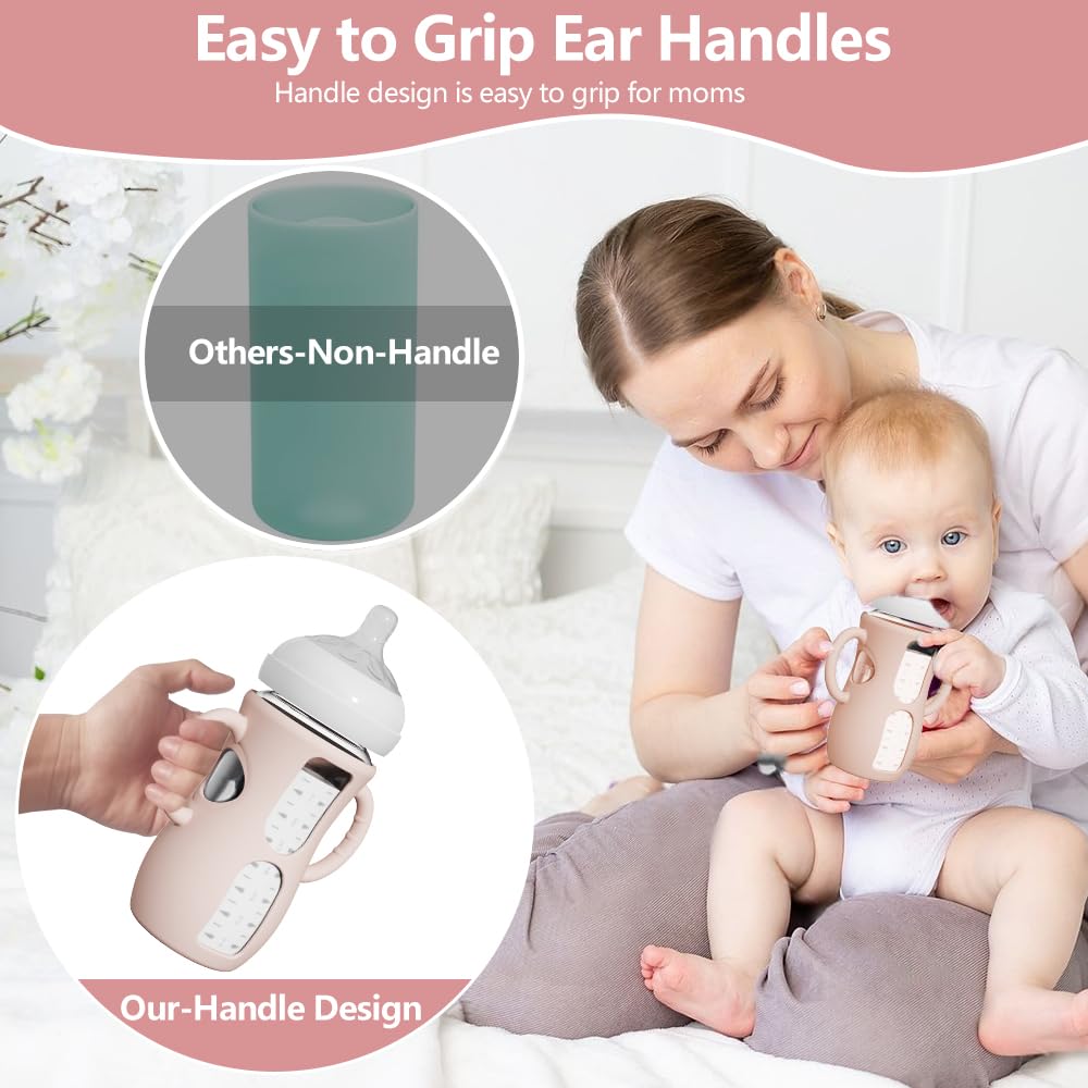 4 Pack Silicone Sleeves for Avent Natural Glass Bottles, Anti Breakage Baby Bottle Protector with Easy-Grip Handle, Compatible Philips Avent Glass Natural Bottle 8 oz, Not for Infant Use