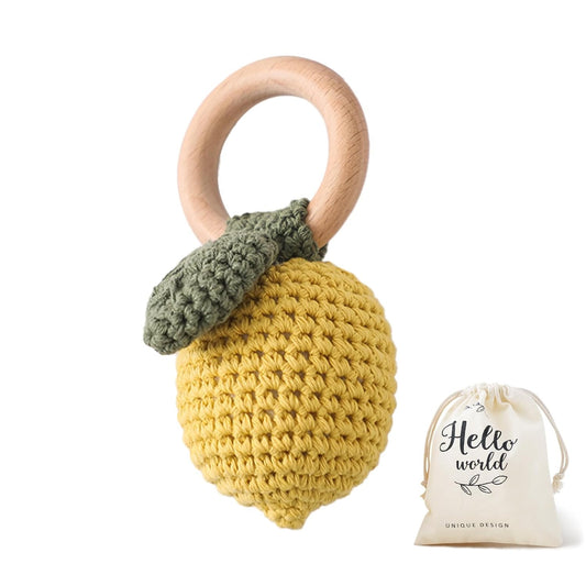 WOODEN TEETHER Crochet Baby Rattle, Crochet Baby Toys, Organic Wooden Newborn Toys, Newborn Animal Rattle Toys，Knitted Stuffed Animals Gifts for Baby, Lemon
