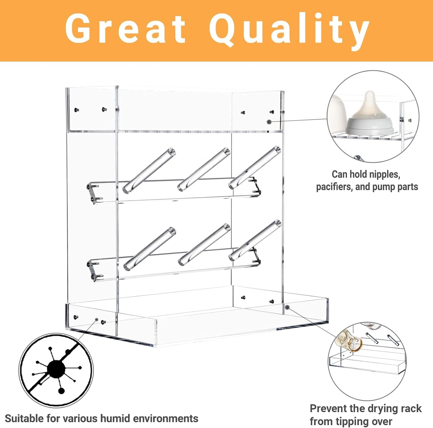 Vertical Baby Bottle Drying Rack, Acrylic Space Saving Baby Bottle Dryer Rack and Baby Accessories Oragnizer for Kitchen Countertop, Quick Drying, Easy Cleanup & Storage, Clear