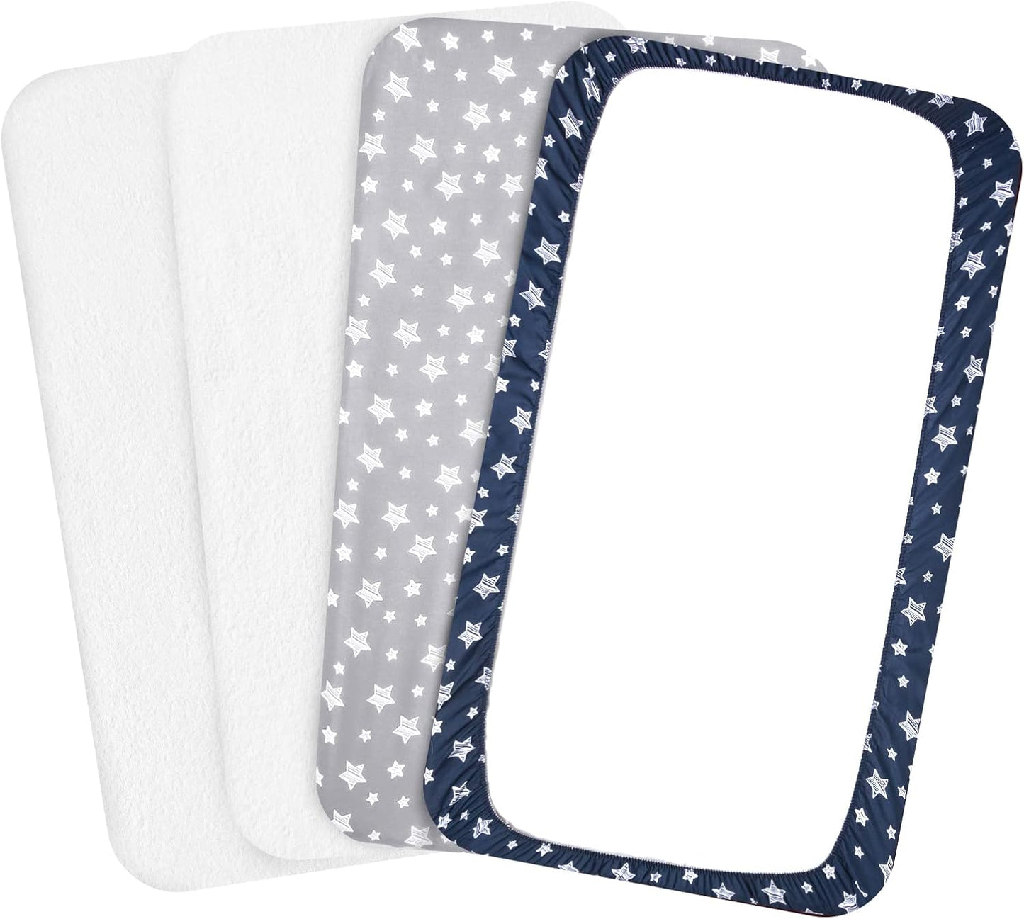 Pack and Play Sheets & Waterproof Terry Pack N Play Mattress Protector Pad Cover 4 Pack, Viscose Terry Pack N Play Sheets Set, Grey & Navy