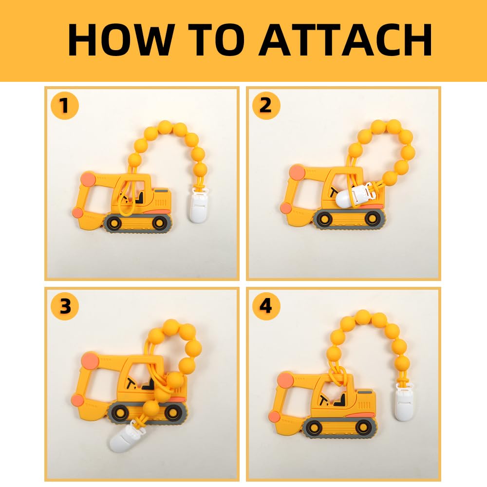 Baby Food Grade Silicone Carrier Vehicle Teether Toy with Pacifier Clip Holder,Teething Toys Gift Set for 3 Months+ Boys and Girls,Freezer Safe,BPA Free. (Excavator)