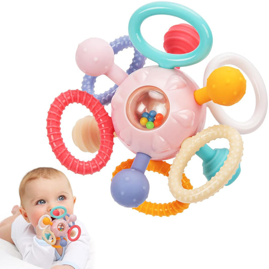 Baby Teething Toys for 0-6 6-12 Months, BPA Free Food Grade Silicone Teether, Infant Sensory Chew Rattles Toys, Gifts for Infant Newborn Boys Girls 0 3 6 9 12 18 Months, Pink