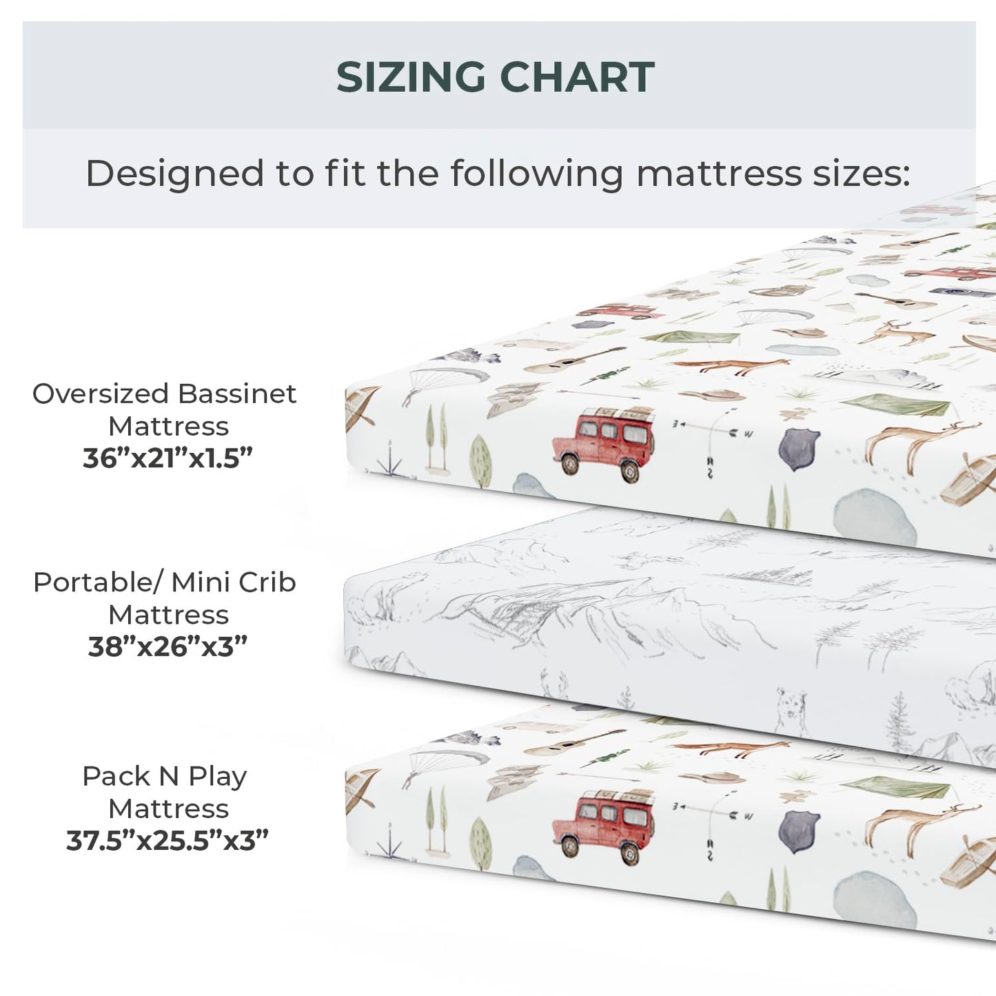 Pobibaby - 2 Pack Premium Pack N Play Sheets Fitted for Standard Pack and Plays and Mini Cribs - Ultra-Soft Cotton Blend, Stylish Woodland Pattern, Safe and Snug for Baby (Explore)