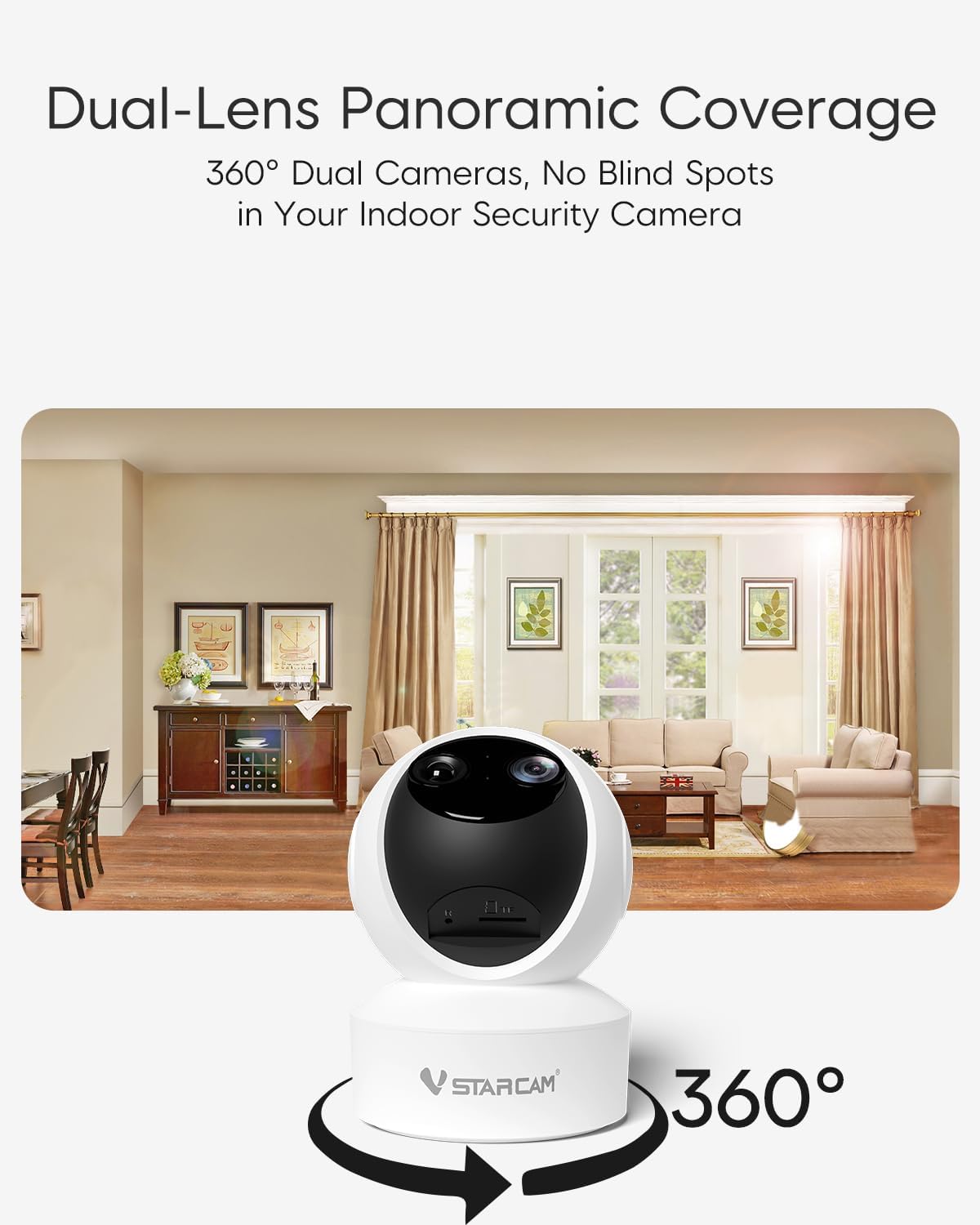 VSTARCAM Security Camera Indoor, Dual Cameras, 2K QHD Security Camera with 10× Zoom, 360° Camera, Baby Monitor, Pet Camera, Human/Pet Detection, AI Tracking, 2.4G Wi-Fi, 2-Way Audio, Plug in