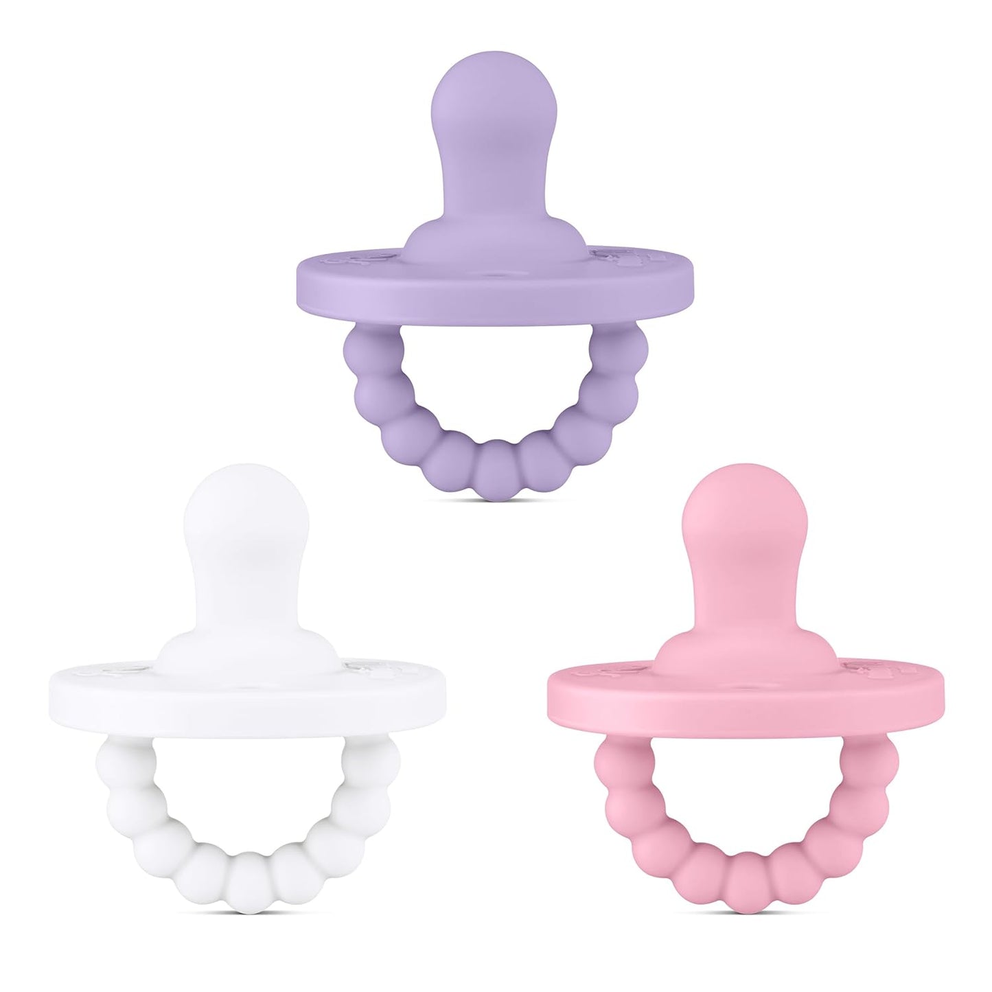 Ryan & Rose Cutie PAT All-in-One Pacifier and Teether Massaging Teething Ring and Hideaway Binky for Growing Babies (Bliss (3 Pack), Flat)