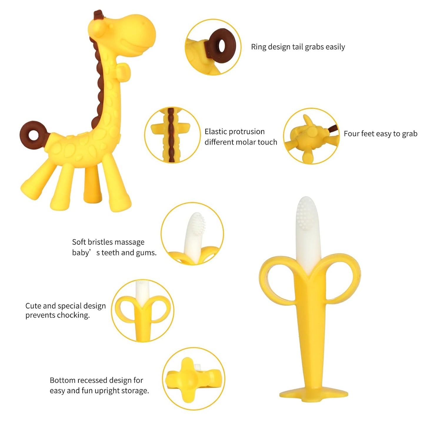 Baby Teething Toys 3-6 Months, Silicone Baby Teether Freezer BPA Free, Babies Teething Relief Sore Gums, Banana Finger Toothbrush, Fruit Shape Giraffe Teether for Infant Boys and Girls