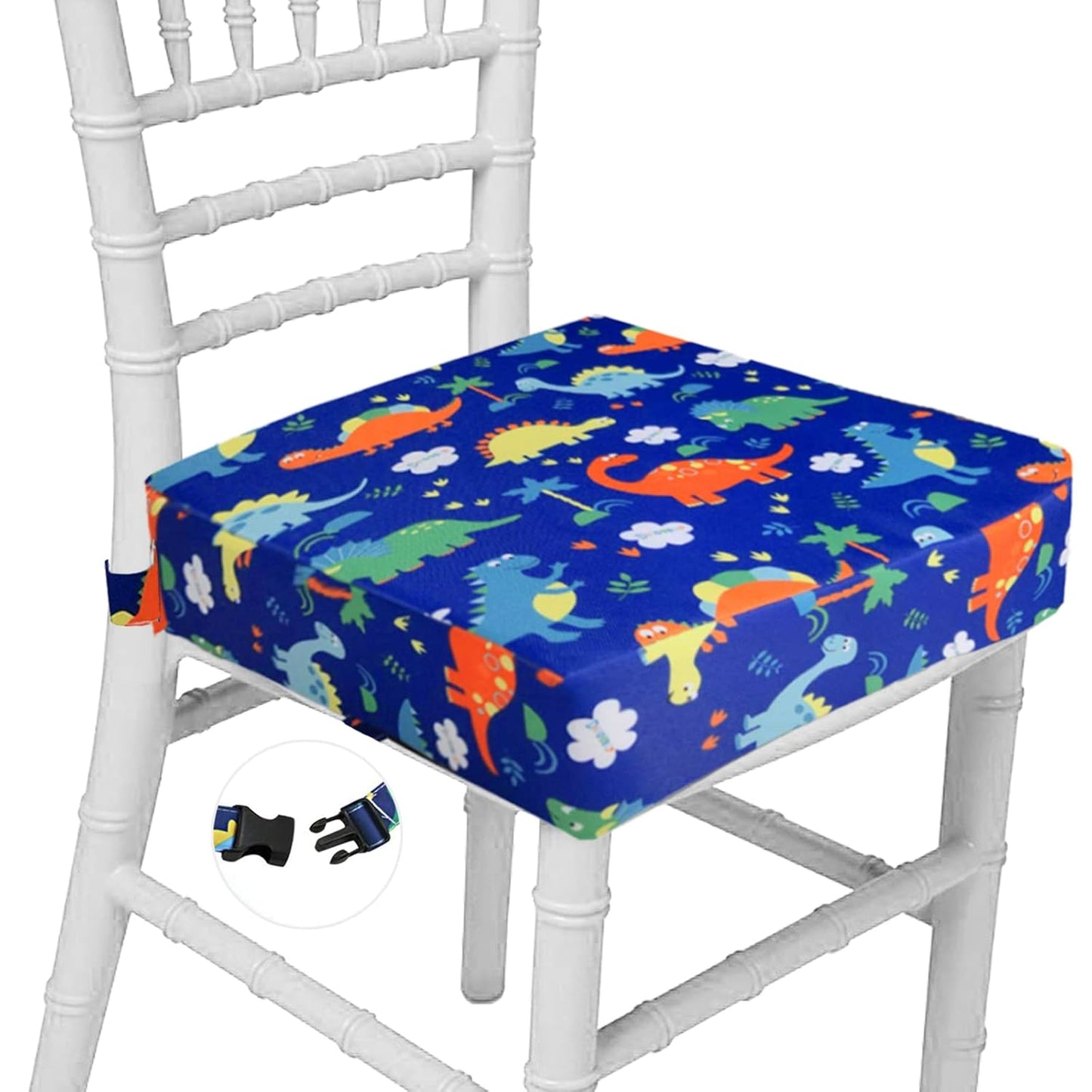 Taeku Booster Seat for Dining Table, Portable Kids Toddler Booster Chair Increasing Cushion Cartoon Seat Pad with 2 Safety Buckles for Kitchen Restaurant (Dinosaur Blue)
