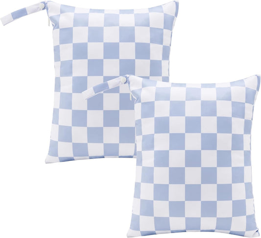 Blue Checkered Waterproof Wet Dy Diaper Bag for Baby Essentials, Travel, Swimsuit, Beach Bag Accessories, Aesthetic Trendy Cute Toddler Baby Bag Pouch, Pack of 2