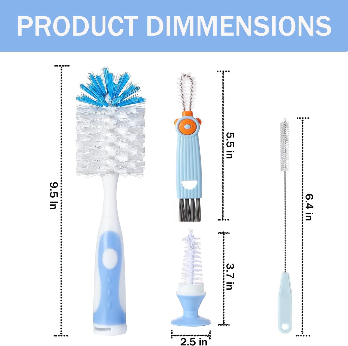 Baby Bottle Brush Set, Bottle Cleaner,2Pcs Bottle Brush with Stand, 2 Hidden Nipple Brush, 2 Straw Brush, 1 Lid Brush, Nylon Bottles Brush Cleaner for Baby Bottle, BPA-Free(Blue)