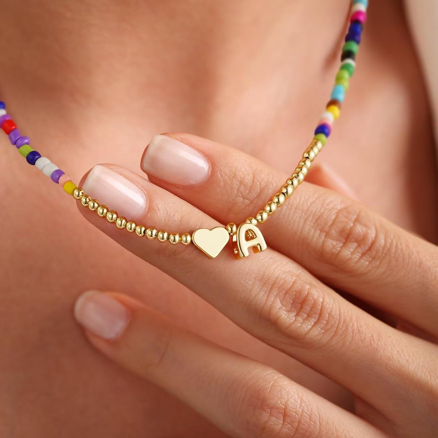 M MOOHAM Stocking Stuffers for Teen Girls Christmas Gifts - Heart Initial Necklaces for Women Kids Colorful Beaded Tiny Heart Initial Choker Necklace Jewelry for Teen Girls Trendy Birthday Gifts