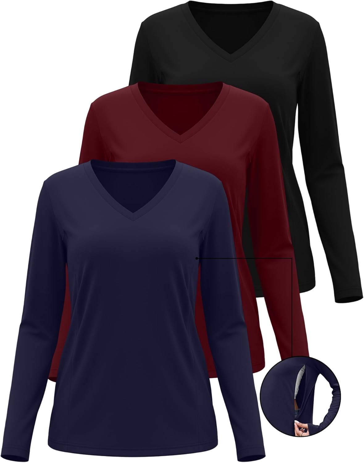 Huukeay 3 Pack Women's Long Sleeve Nursing Tops, Breastfeeding Hidden Zippers Shirts V Neck Maternity Pregnancy Tees Clothes