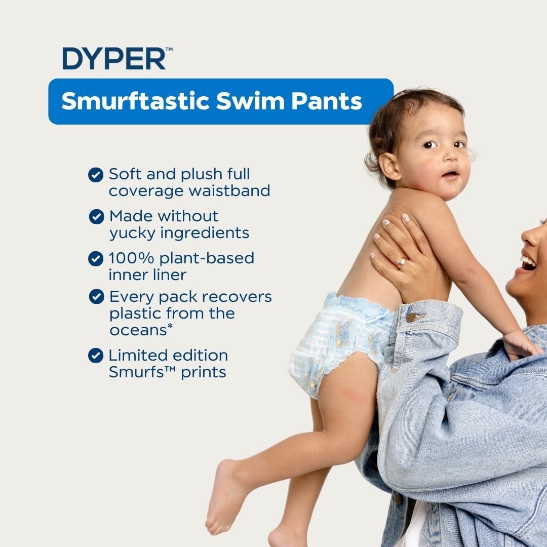 DYPER Smurftastic Baby Swim Diapers, Hypoallergenic Plant-Based Disposable Swim Diapers | Eco-Friendly & Absorbent Swimming Diapers for Babies, Size L (18 Count)