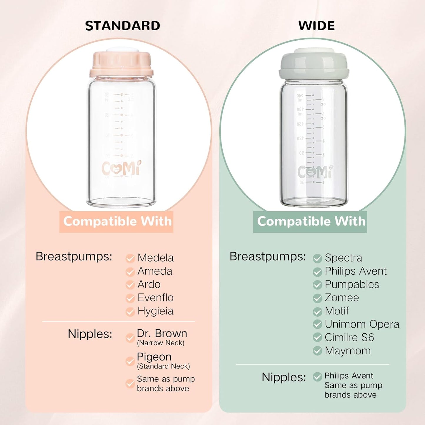 COMI Natural Glass Baby Bottle,Standard Neck Breastmilk Storage Bottle for Fridge,Breast Milk Container,Breast Pump Bottle Compatible with Medela Breast Pump,BPA Free,4PCS (5oz, 2 Gray+2 Pink)