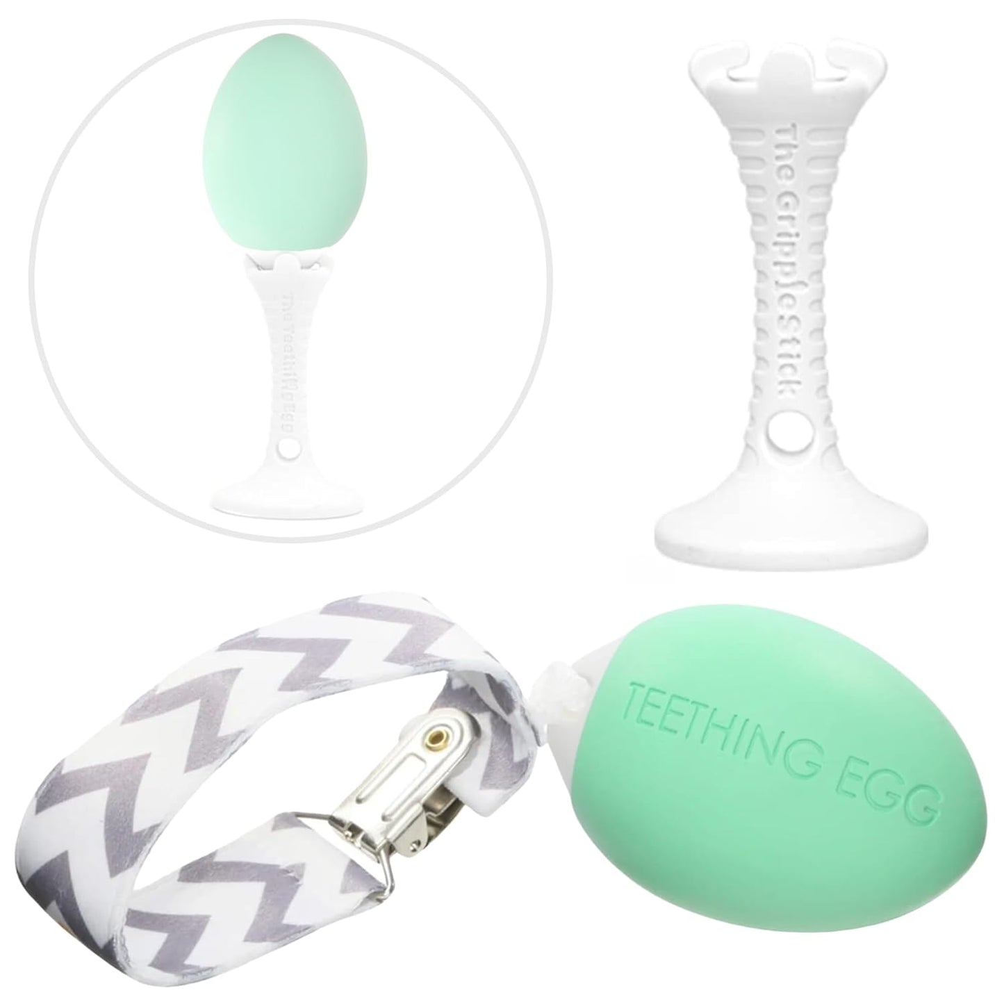 The Teething Egg and Grippie Stick - Baby Development Teething Toys 3, 4, 6, 12 Up to 18 Months Old Boy or Girl, Sensory Toys, A Baby Registry Must Have Teether, Mint