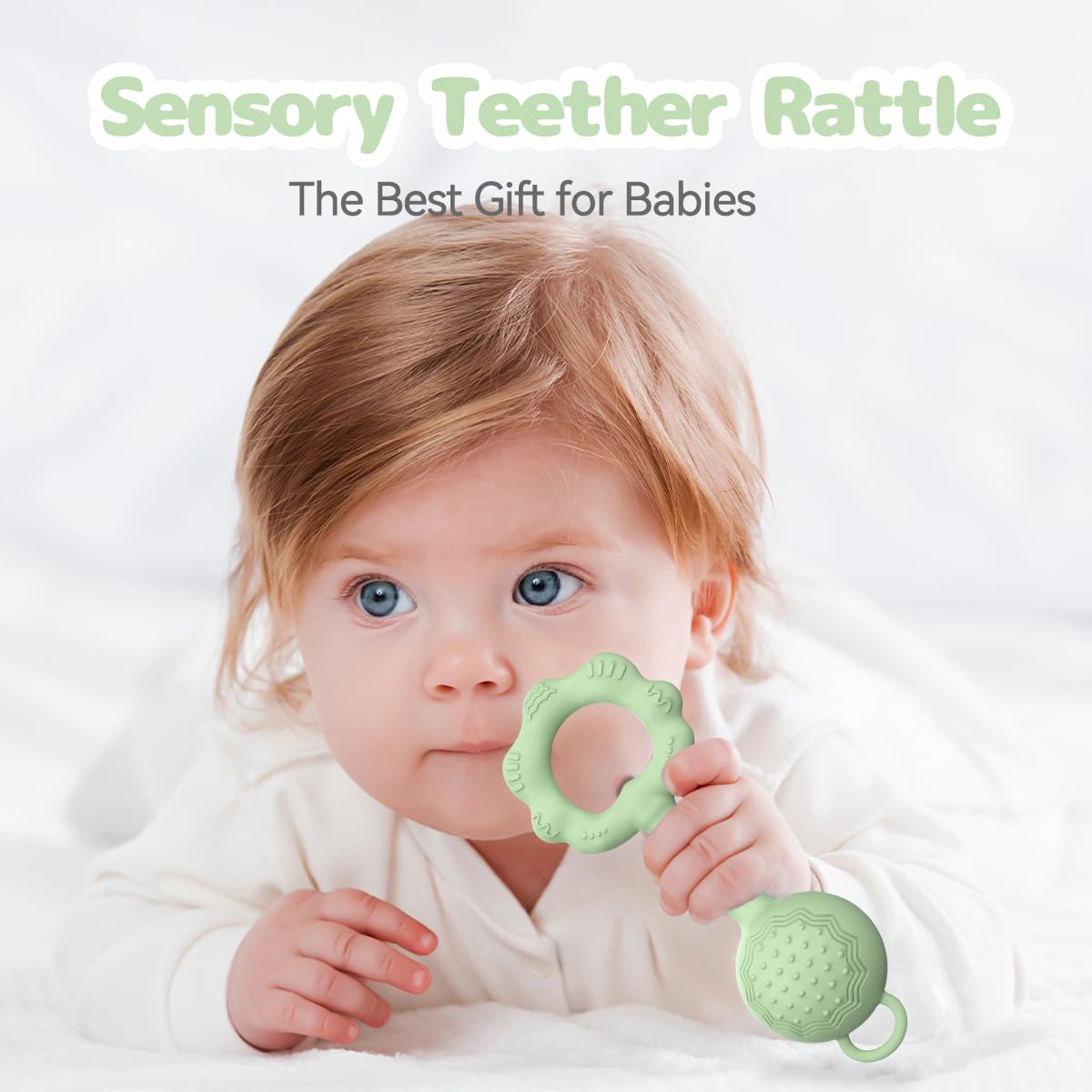 Teethers for Babies 6-12 Months, Baby Rattles 0-6 Months, 2-in-1 Rattle and Teether Toy for Soothing Sore Gums and Keeps Little Ones Entertained, Food Grade Silicone, Green