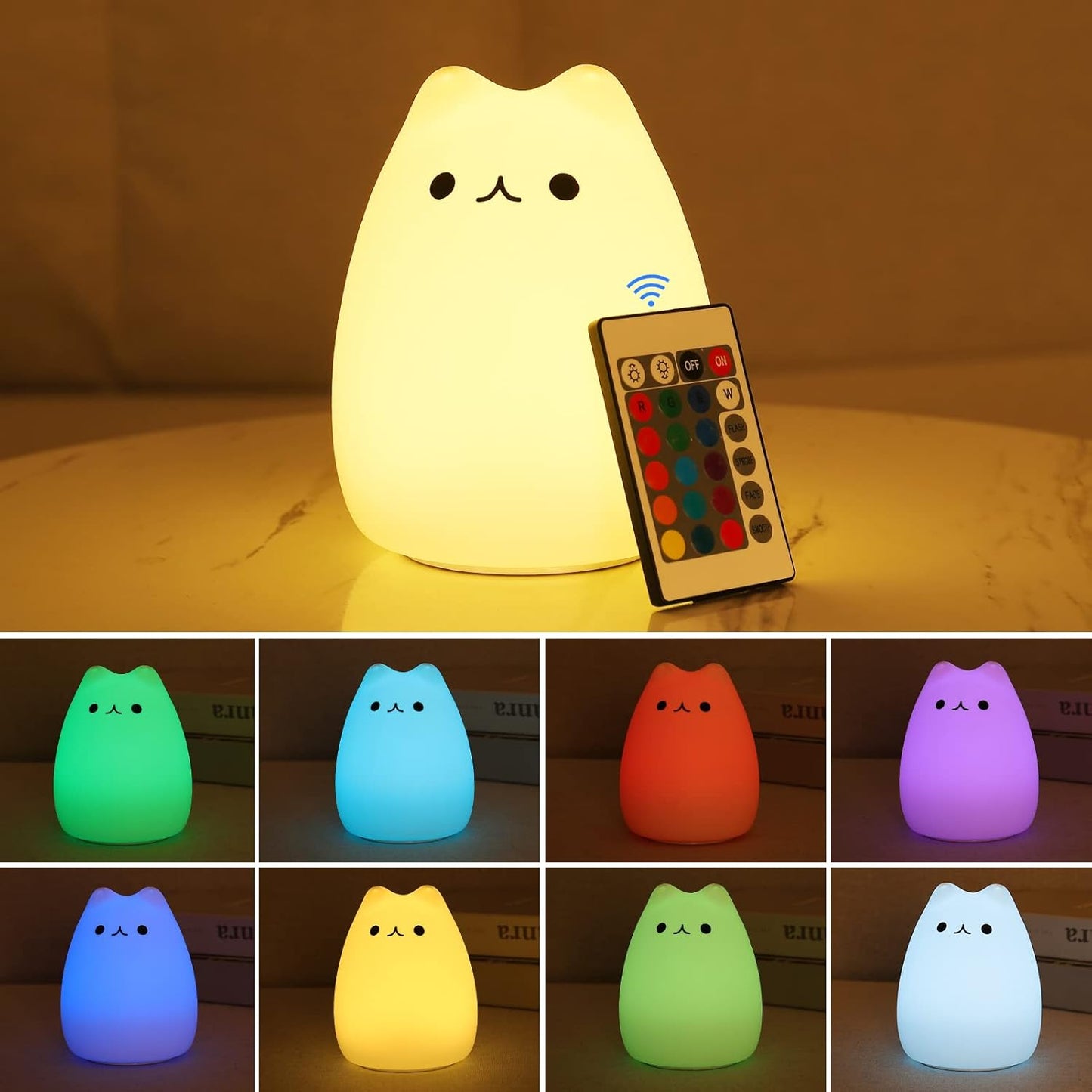 ZKLiLi Night Light, Cute Cat Nursery Lights USB Rechargeable Cat Lamp Nightlight Birthday Christmas Gift with Warm White and 7-Color Breathing Modes for Kids Baby Children (renqimao)