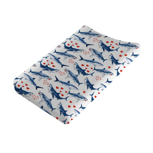 Sea Shark Love Changing Pad Cover Marine Ocean Animal Shark Hearts Baby Nursery Diaper Changing Pad Sheets for Boys Girls Soft Stretch Fitted Changing Table Mat Cover 32''x16''