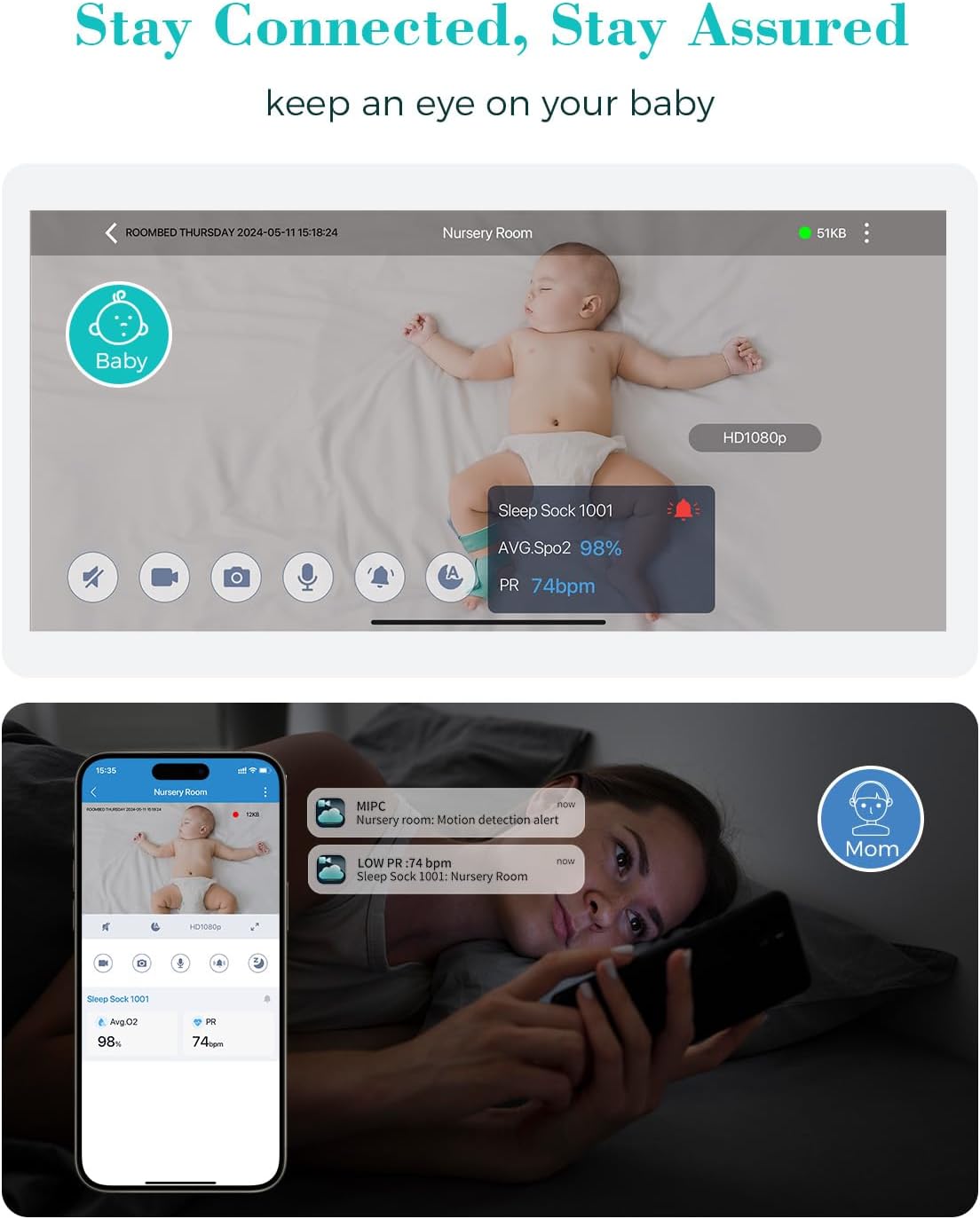 Babytone Baby Monitor - Smart Sleep Sock & 2.5K HD Camera, Track Heart Rate and Movement, Cry/Motion Detect, Two-Way Audio and Night Vision Baby Monitor with APP