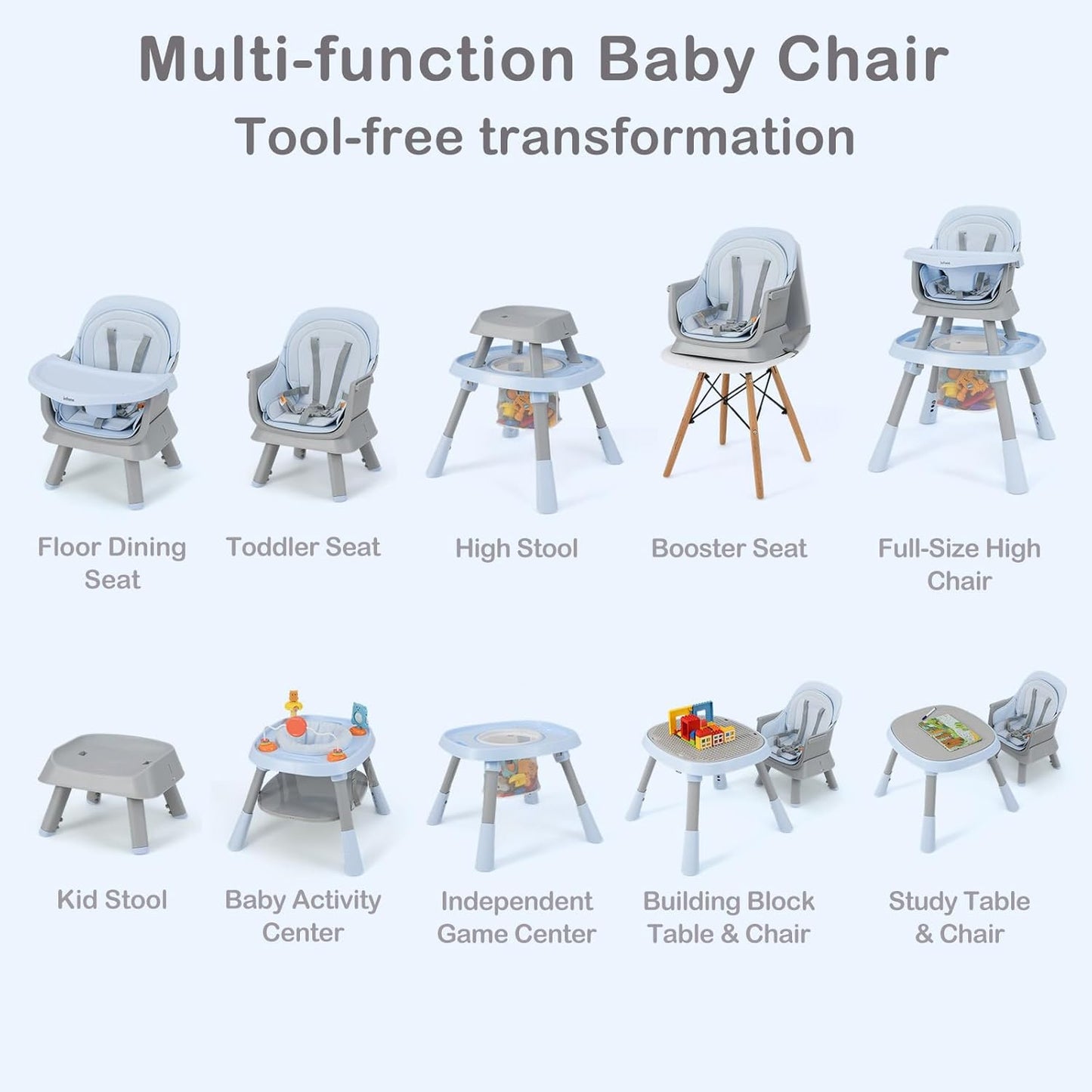 INFANS 9 in 1 High Chair, Convertible Baby Highchair for Babies and Toddlers, Table and Chair Set Building Block Infant Dining Booster Seat, Kids Stool with Activity Children Play Kitchen (Blue)