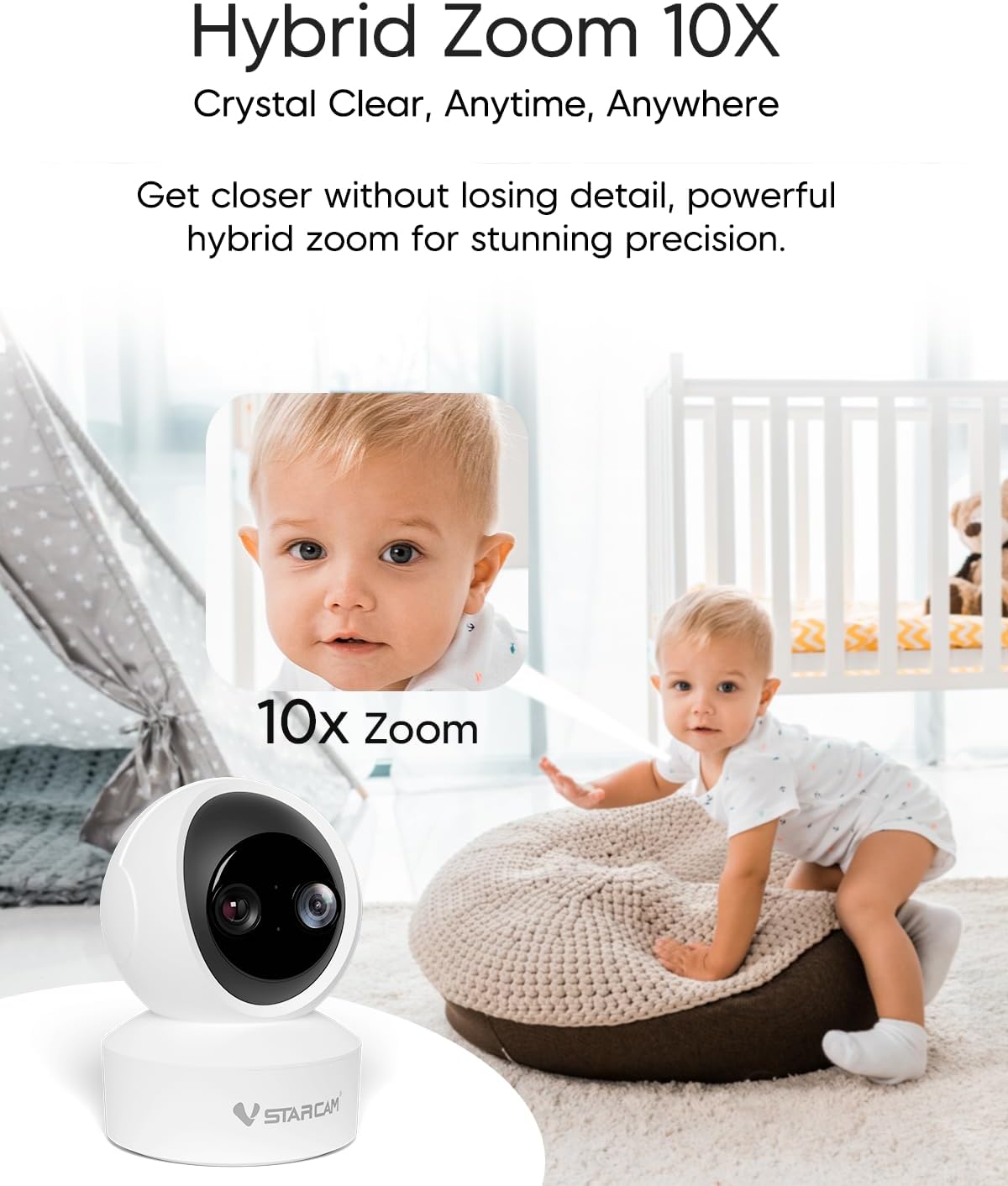 VSTARCAM Security Camera Indoor, Dual Cameras, 2K QHD Security Camera with 10× Zoom, 360° Camera, Baby Monitor, Pet Camera, Human/Pet Detection, AI Tracking, 2.4G Wi-Fi, 2-Way Audio, Plug in