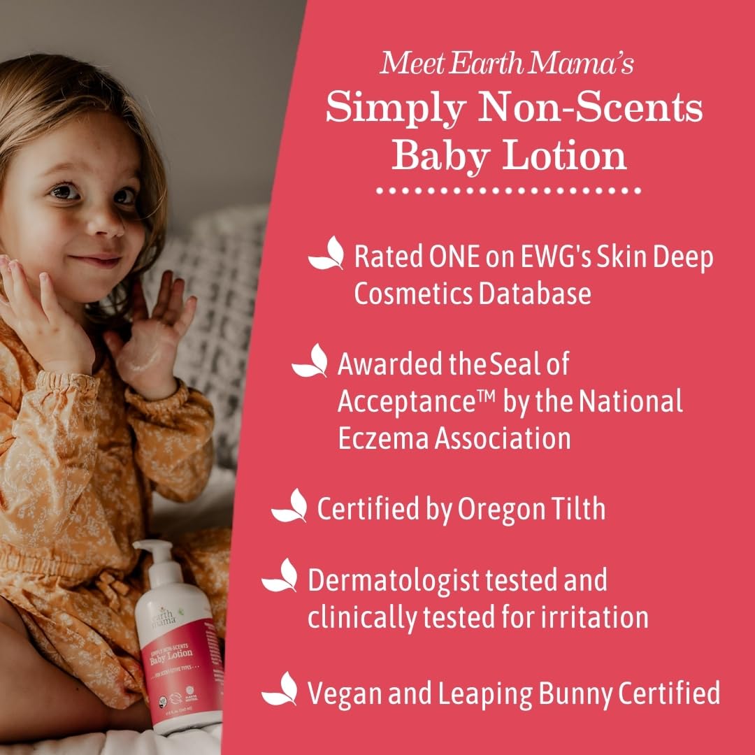 Earth Mama Simply Non-Scents Baby Lotion for Dry Skin, Calendula Cream, Skin Care for Kids, Organic Moisturizer, Unscented Lotion with Aloe, Rooibos, & Shea Butter, 8-Fl oz