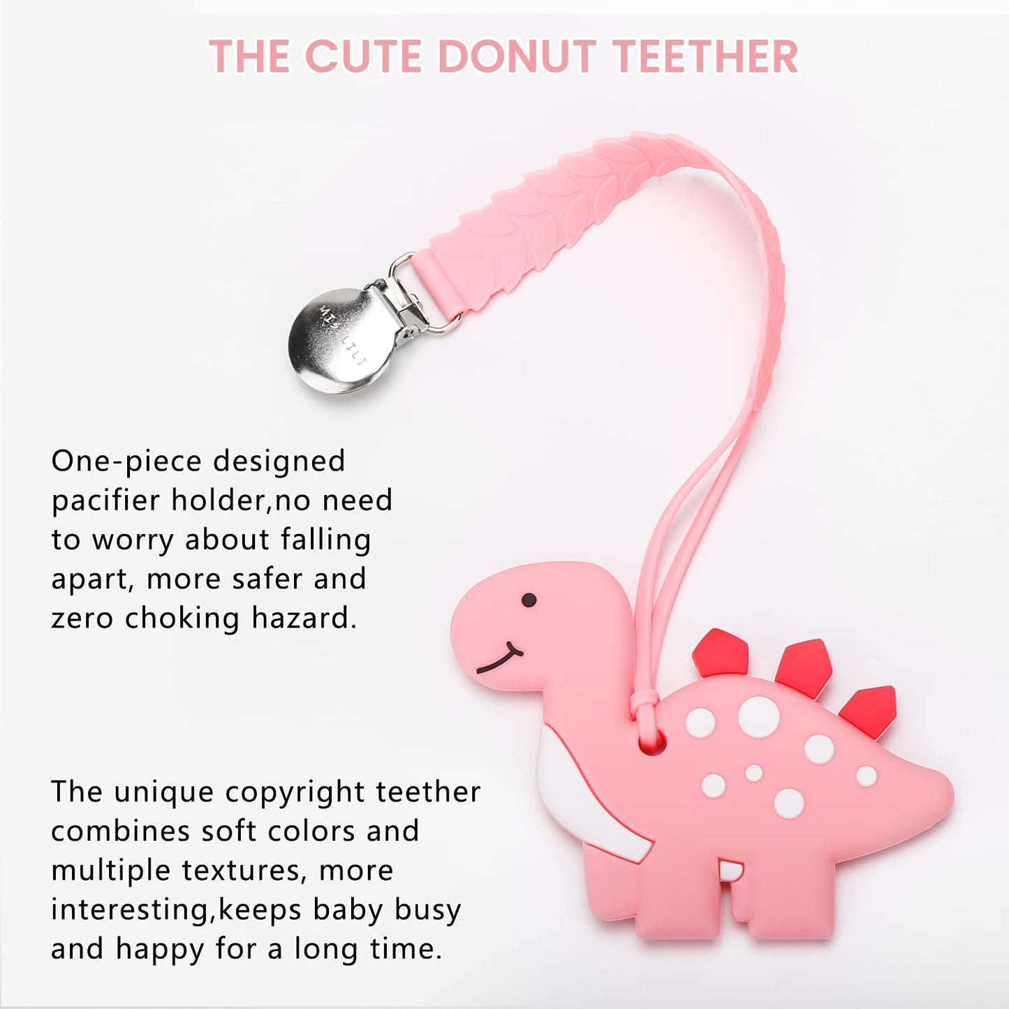 Teething Toys for Babies, Baby Teethers with Clip Silicone Teether Toys for Boys and Girls Infant Teething Relief Dinosaur Shape, Pink