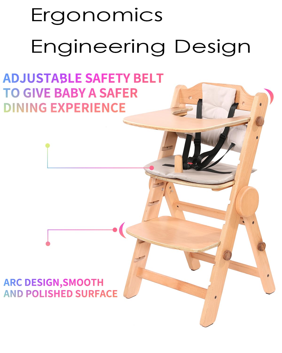 Toddler High Chair Wooden, Baby Highchair with Adjustable Tray and Foot Rest, Folding Wood High Chair for Dining, 6 Months up to 300 Lb
