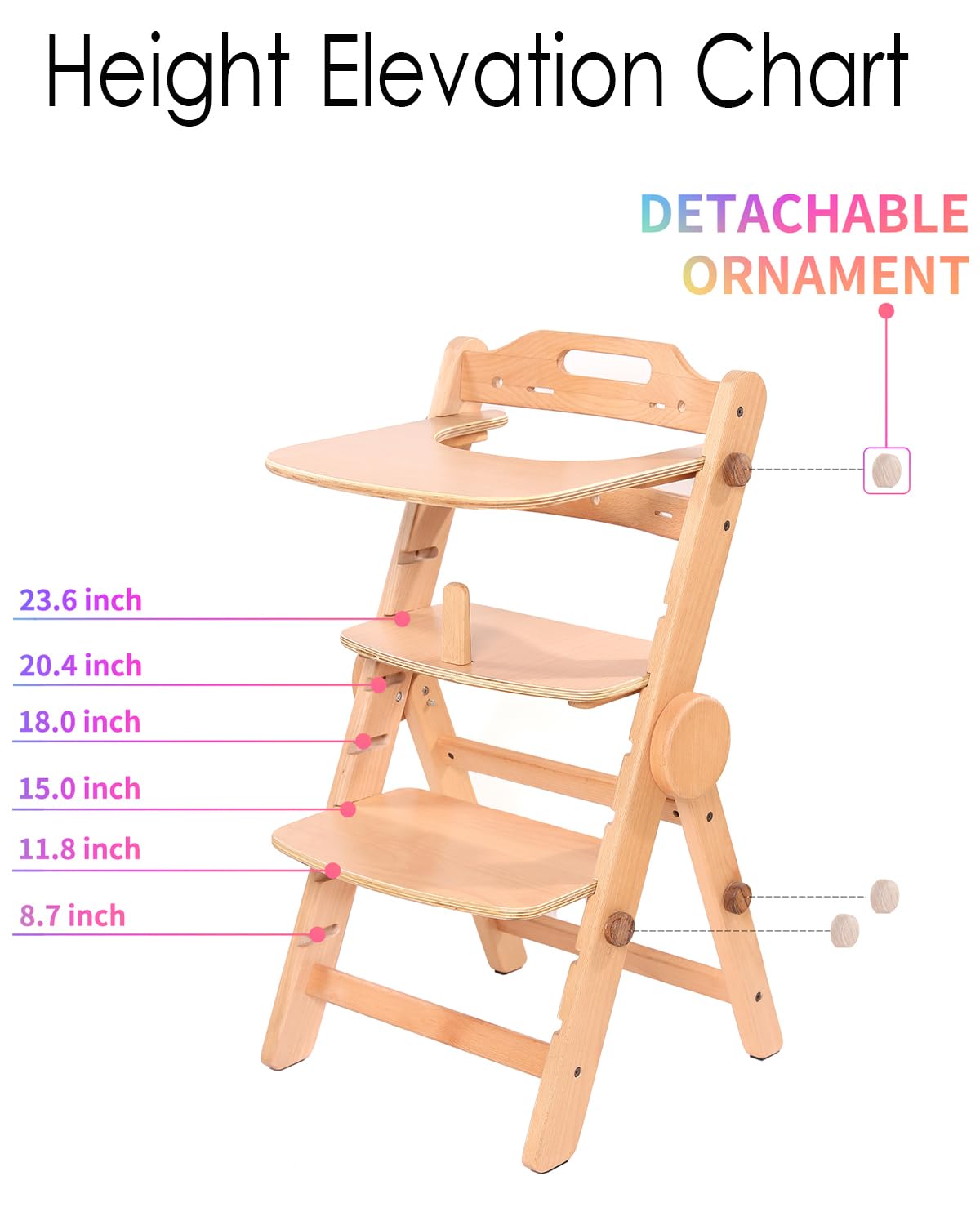 Toddler High Chair Wooden, Baby Highchair with Adjustable Tray and Foot Rest, Folding Wood High Chair for Dining, 6 Months up to 300 Lb