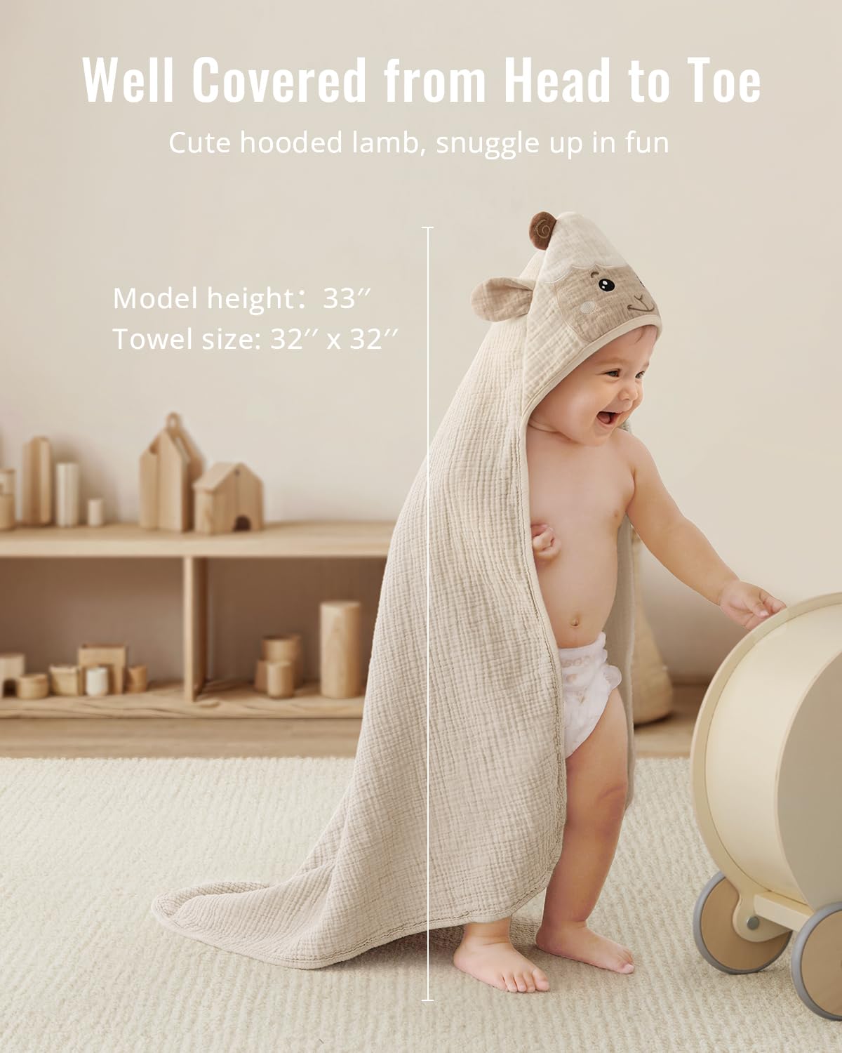 Blissful Diary Muslin Baby Hooded Towel 1 Pack, Soft & Absorbent Bath Towel for Infant, Toddler, Unisex, Baby Gift, Newborn Essentials, Gentle Lamb