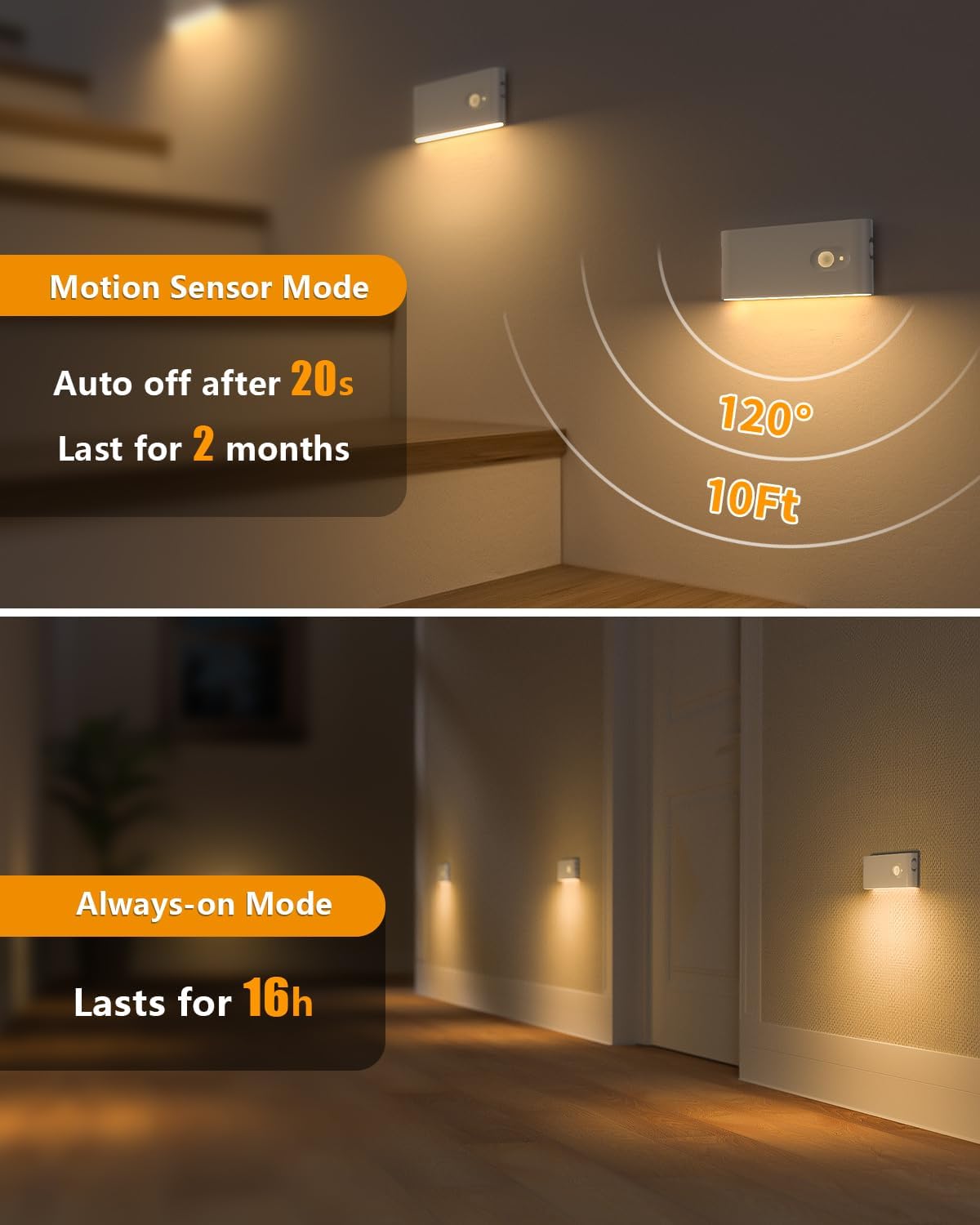 WILLED Motion Sensor Night Light, Rechargeable Stair Lights Indoor, Warm White Motion Sensor Light Indoor, Battery Operated Night Light for Hallway, Stairway, Bathroom, Bedroom, Kitchen, 6 Pack