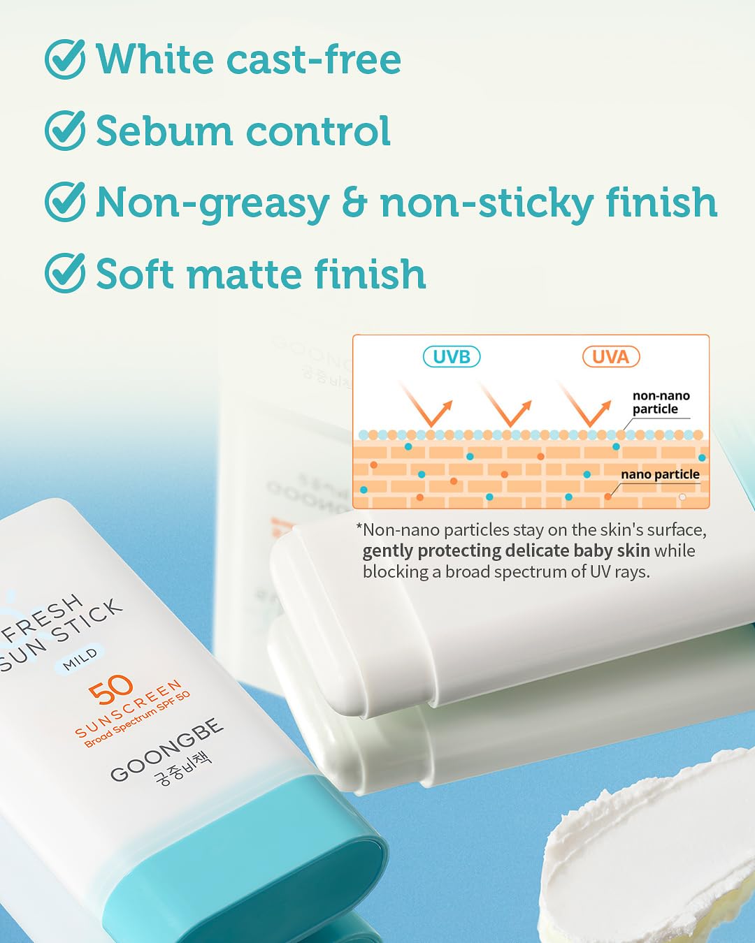 GOONGBE Fresh Sun Stick Mild SPF 50 - No White Cast Zinc Oxide Mineral Sunscreen Stick Balm - Non Greasy Soft Matte Finish - Travel Friendly for Babies, Kids & Adults - Vegan, Reef-Safe, 0.49oz.