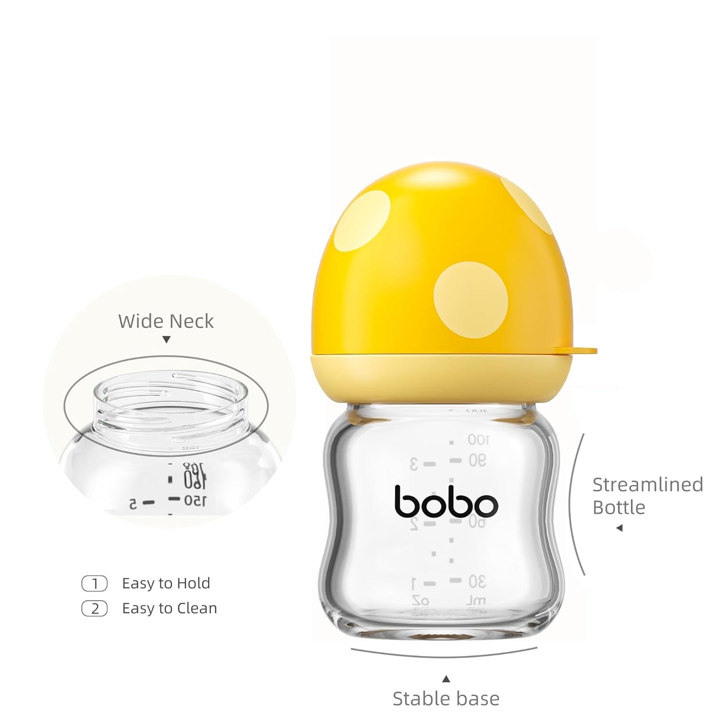 YOHKOH Natural Glass Baby Bottle with Natural Response Nipple, Newborn Anti-Colic Baby Bottles, Wide Neck Mushroom Cap Baby Bottle, Clear (Multicolour1, 3.4oz (Pack of 2))