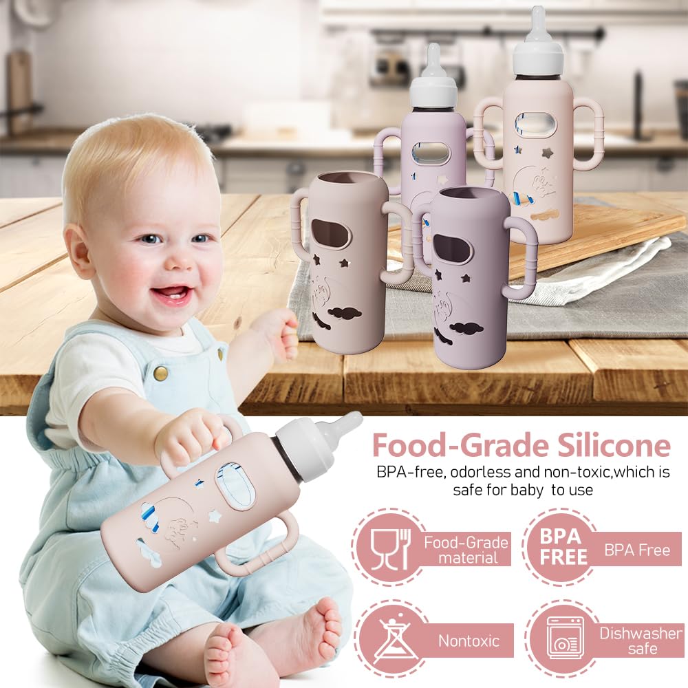 4 Pack Silicone Sleeves for Dr. Brown's Glass Bottles - Drop Protection Bottle Sleeves,Compatible with Dr. Brown's Newborn Glass Bottles,with Silicone Handles,8 oz