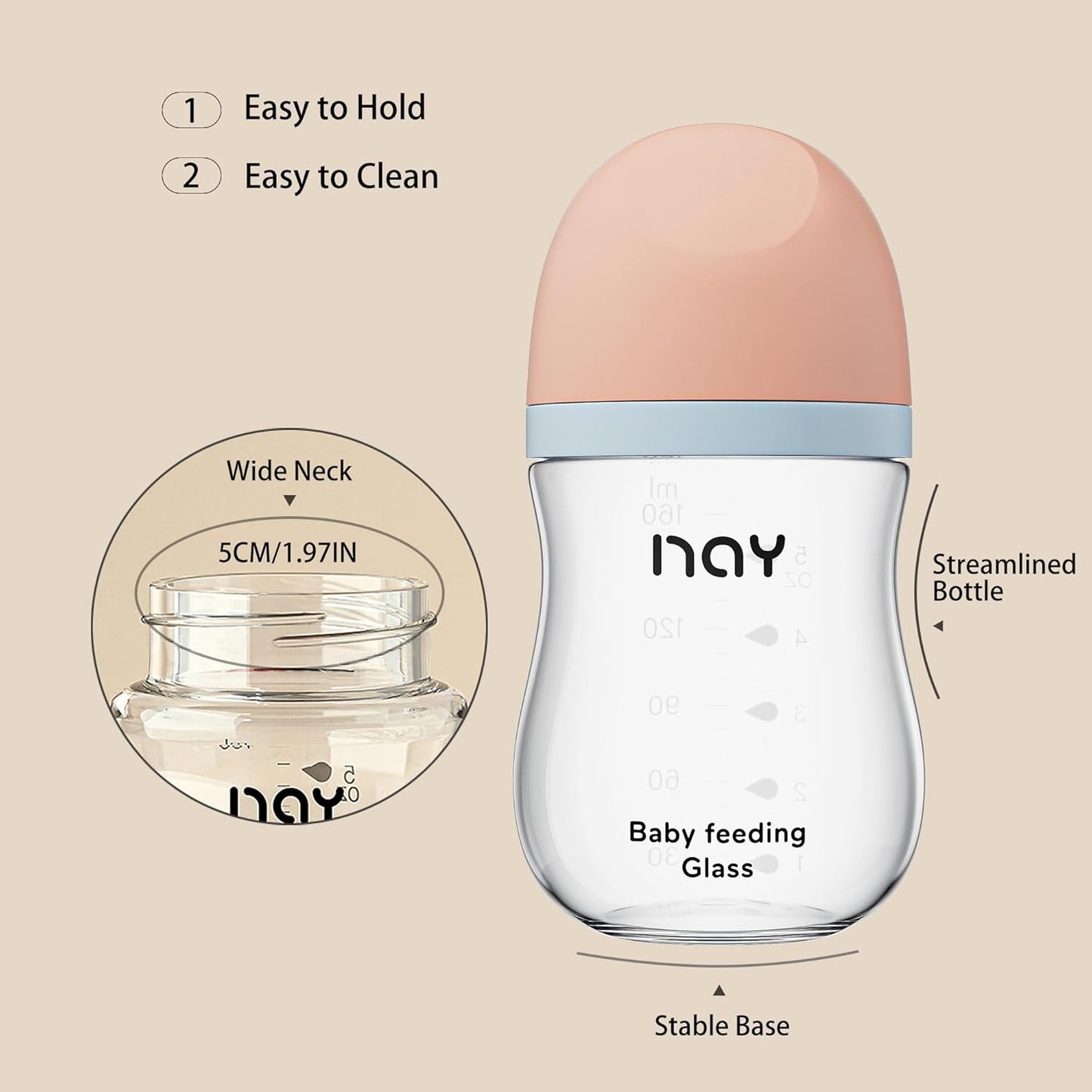 Natural Glass Baby Bottle Wide Neck, Anti-Colic Baby Bottle, Clear, 5.4oz(Pack of 2), Includes 2Pcs Natural Response Nipple(S), 1 Months+