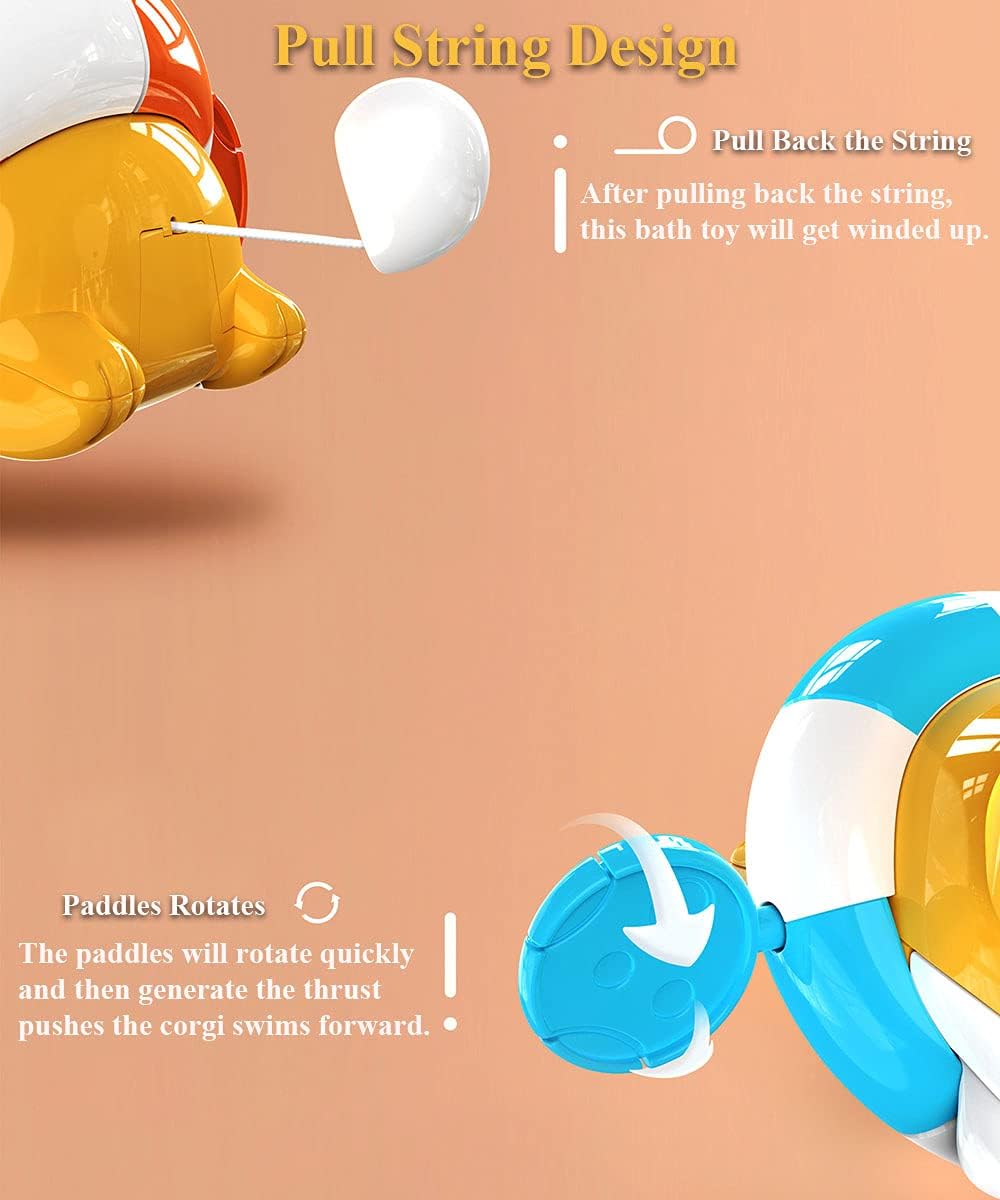 Bath Toy Pull String Corgi Bathtub Toy Windup Swimming Corgi Rowing Puppy Floating Water Toy for Boys and Girls (Orange)