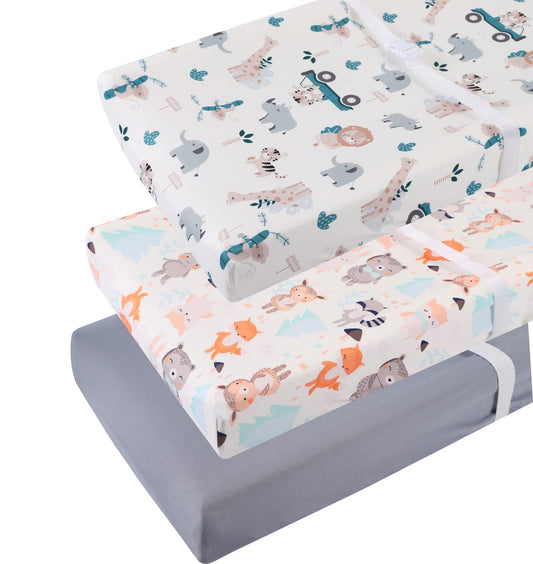 Changing Pad Cover Set 3 Pack Jersey Knit Ultra Soft for Baby Boys Girls Elephant Tiger/Fox/Grey