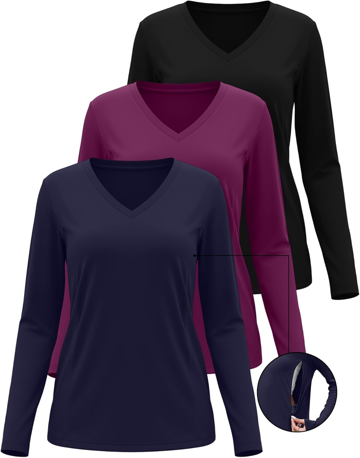 Huukeay 3 Pack Women's Long Sleeve Nursing Tops, Breastfeeding Hidden Zippers Shirts V Neck Maternity Pregnancy Tees Clothes