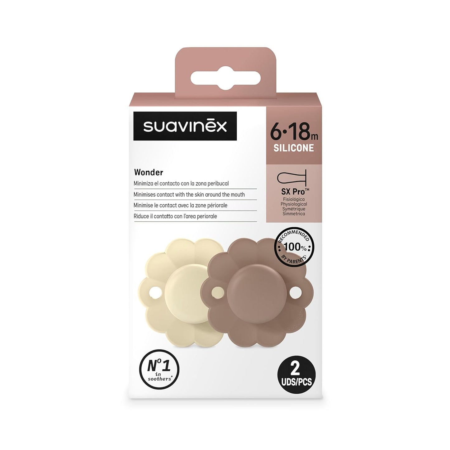 Suavinex Wonder Baby Pacifier, SX Pro Silicone Nipple, Reversible, Non Irritating Shield Design, 2Pk Pacifiers 6-18 Months, Made in Europe, Gray/Umber