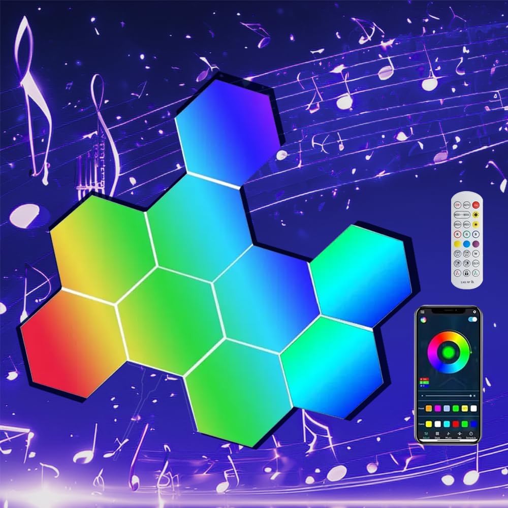 ODISTAR Hexagon Wall Light Panels (8 Pack)- Smart APP RGB Hexagonal LED Modular Lights with Remote Control,Music Sync Features for Gaming Rooms,Living Rooms, Bedrooms, DIY Enthusiasts and Gift Options