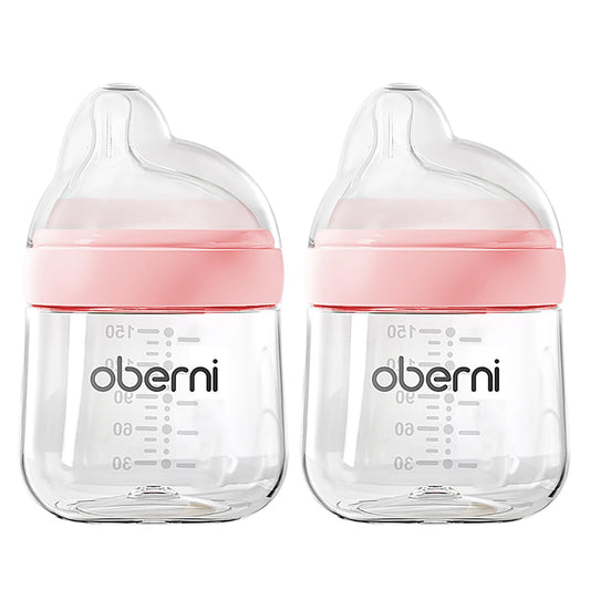 Baby Bottles with Slow Off-Centered Nipple for 0+ Months, Anti Colic Newborn Milk Feeding Bottle, 150ml/5oz/Pink/2Pack
