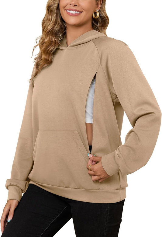 Bhome Nursing Sweatshirt Hoodie for Breastfeeding with Hidden Zippers Maternity Breast Pumping Tops Kangaroo Pocket