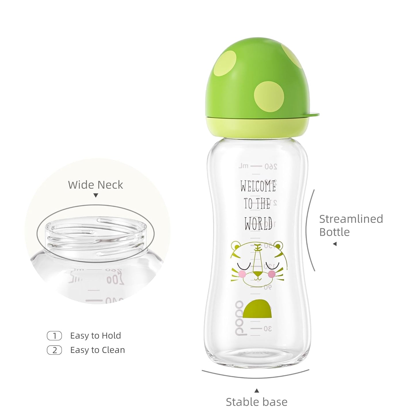 YOHKOH Natural Glass Baby Bottle with Natural Response Nipple, Newborn Anti-Colic Baby Bottles, Wide Neck Mushroom Cap Baby Bottle, Clear (8.8ounce (Pack of 4), Green1)