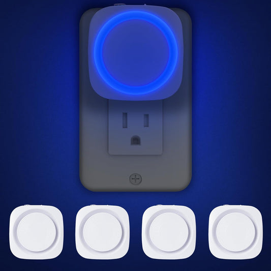 Blue Night Lights Plug into Wall, 4 Packs Dimmable Night Light with Dust to Dawn Sensor, Automatically Turn on and Off, Gentle Glow Nightlight for Bathroom,Bedroom,Stairs,Kitchen,Hallway, Blue