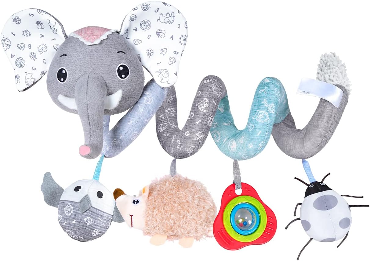 Jollybaby Crib Stroller Car Seat Toys for Baby 0-3-6-9-12 Months, Tummy Time Hanging Sensory Toys for Newborn with Music Box and Teether, Spiral Carseat Toy for Boys Girls Gifts (09-Sz Gray Elephant)