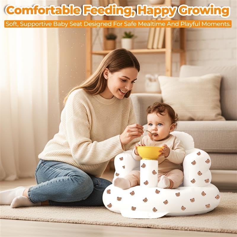 Inflatable Baby Seat for Babies 3-36 Months Blow Up Chair for Babies Infants Toddler Floor Sitting Up with Built in Air Pump (White, Bear Head)