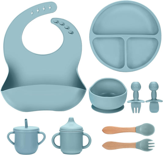 Silicone Baby Feeding Set 9 Pcs, Spill-Proof Suction Plate, Bowl, Bib, Silicone spoon&forks, Wooden Spoons&forks, Training cup with straw and Sippy Cup, Baby Eating Utensils (Blue)