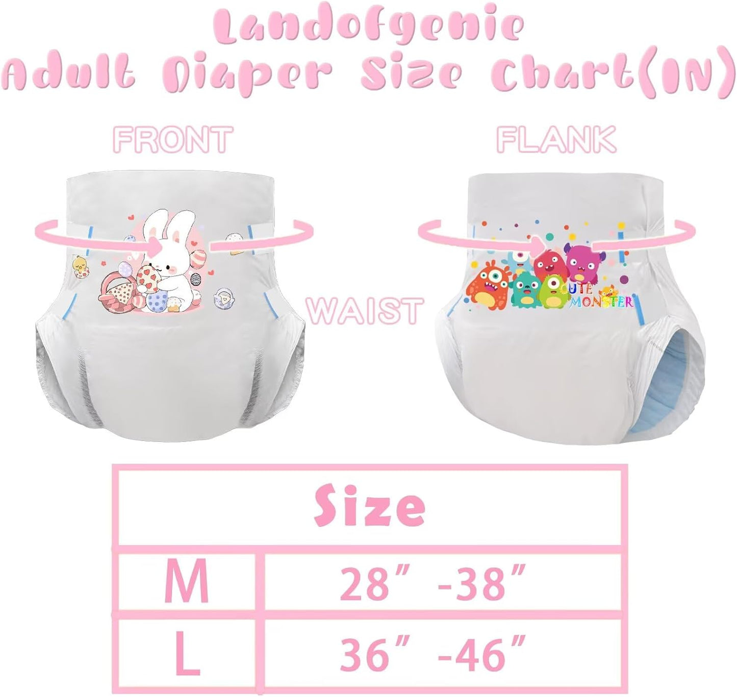 Landofgenie Adult Diapers with Tabs Unisex Overnight High Absorbency Diapers Pack of 2 (Large 36"- 46") - Happy Bunny and Little Monster